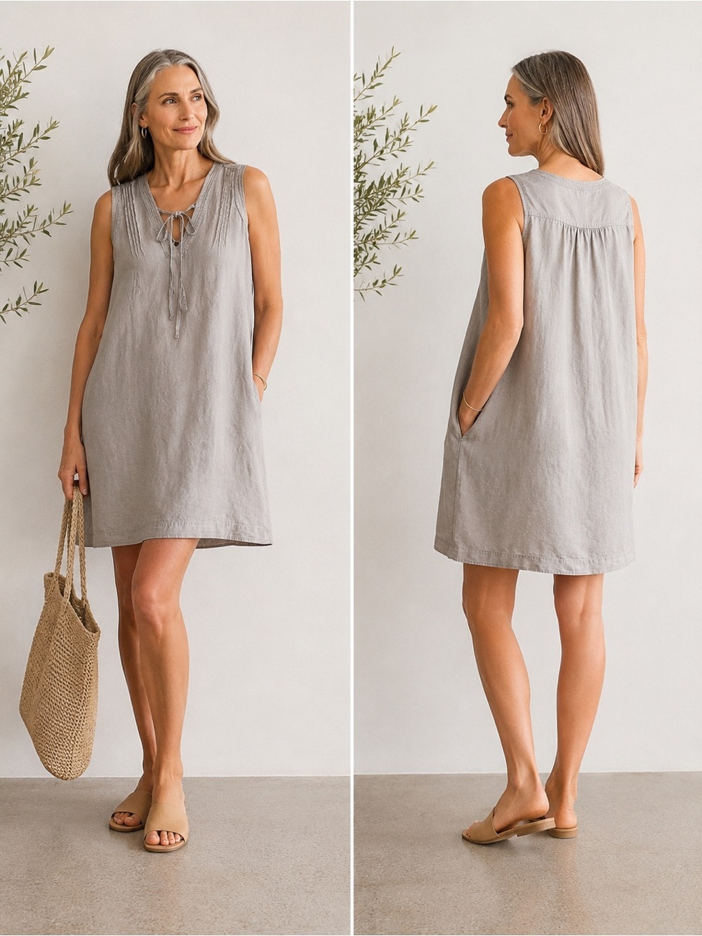 Rachel Zoe 100% Linen Shift Dress XL Gray Sleeveless Pintuck Tie Neck Boho